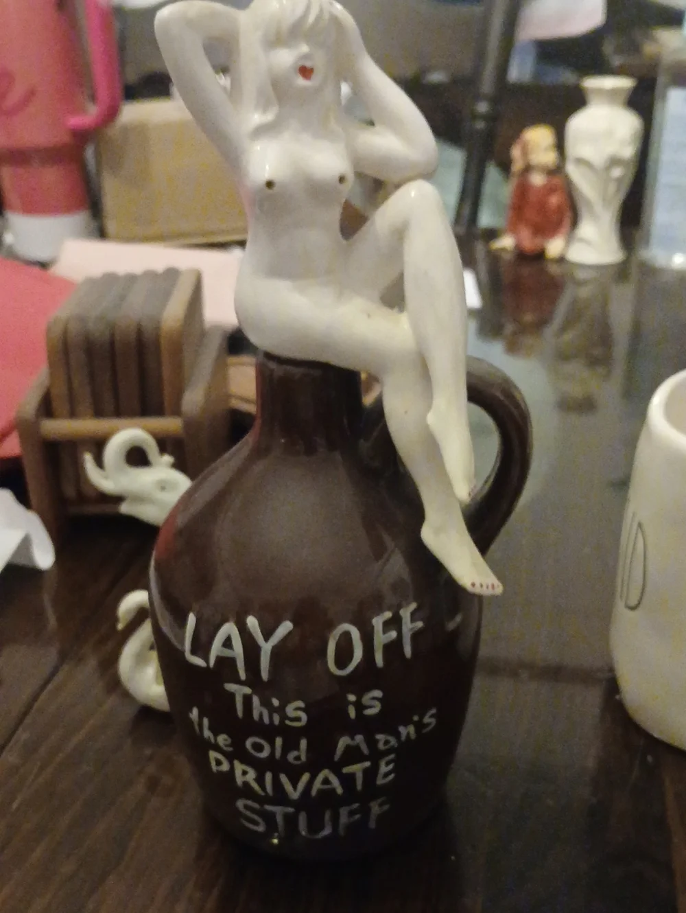 Vintage 1950 Brown Ceramic Decanter with White Figurine - Lay Off Private Stuff